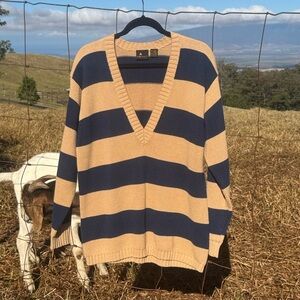 Vintage Liz Claiborne wear Preppy Y2K 90s Striped Blue Tan Vneck Sweater Sp
